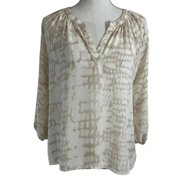 Cynthia Rowley Snakeskin Blouse Small Beige Cream Neutral 3/4 Balloon Sleeves - Picture 1 of 5